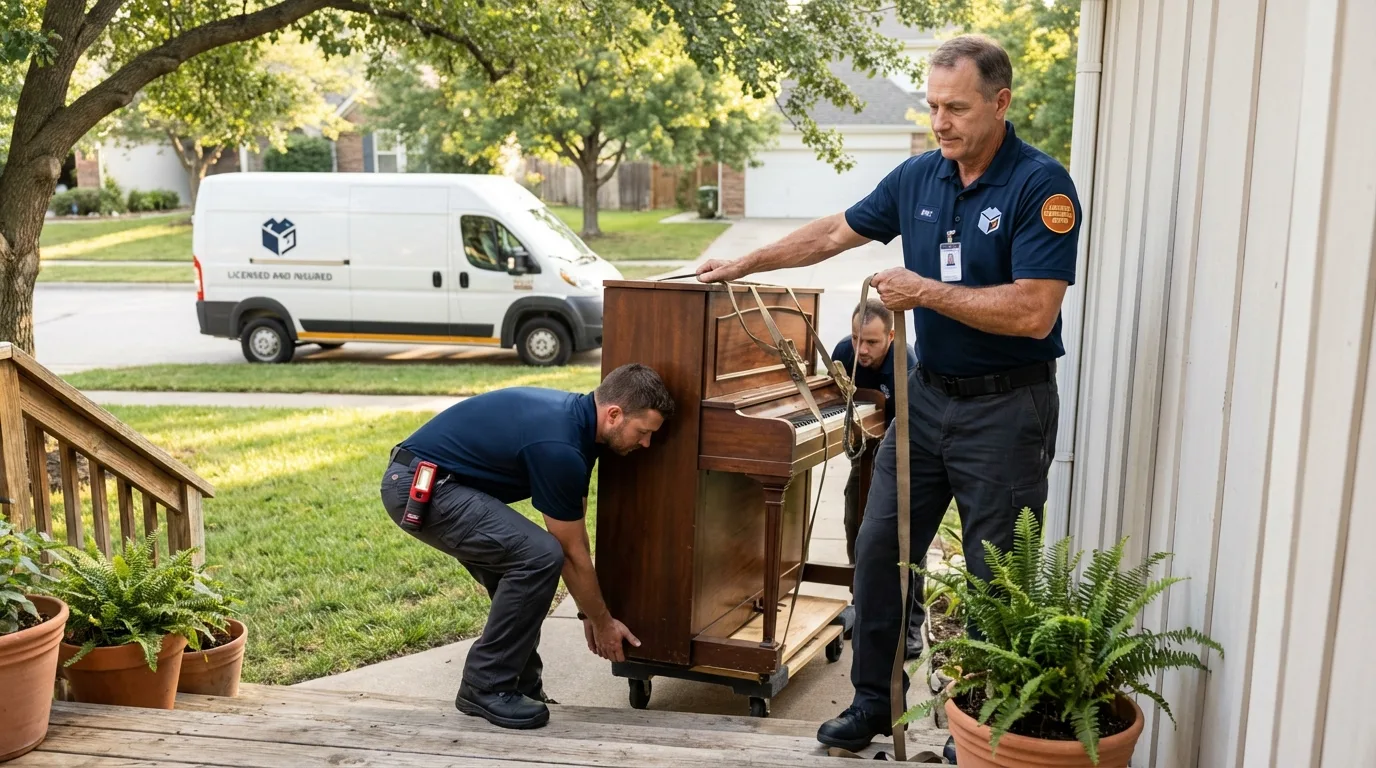 Licensed piano movers securing grand piano in Scott City, KS