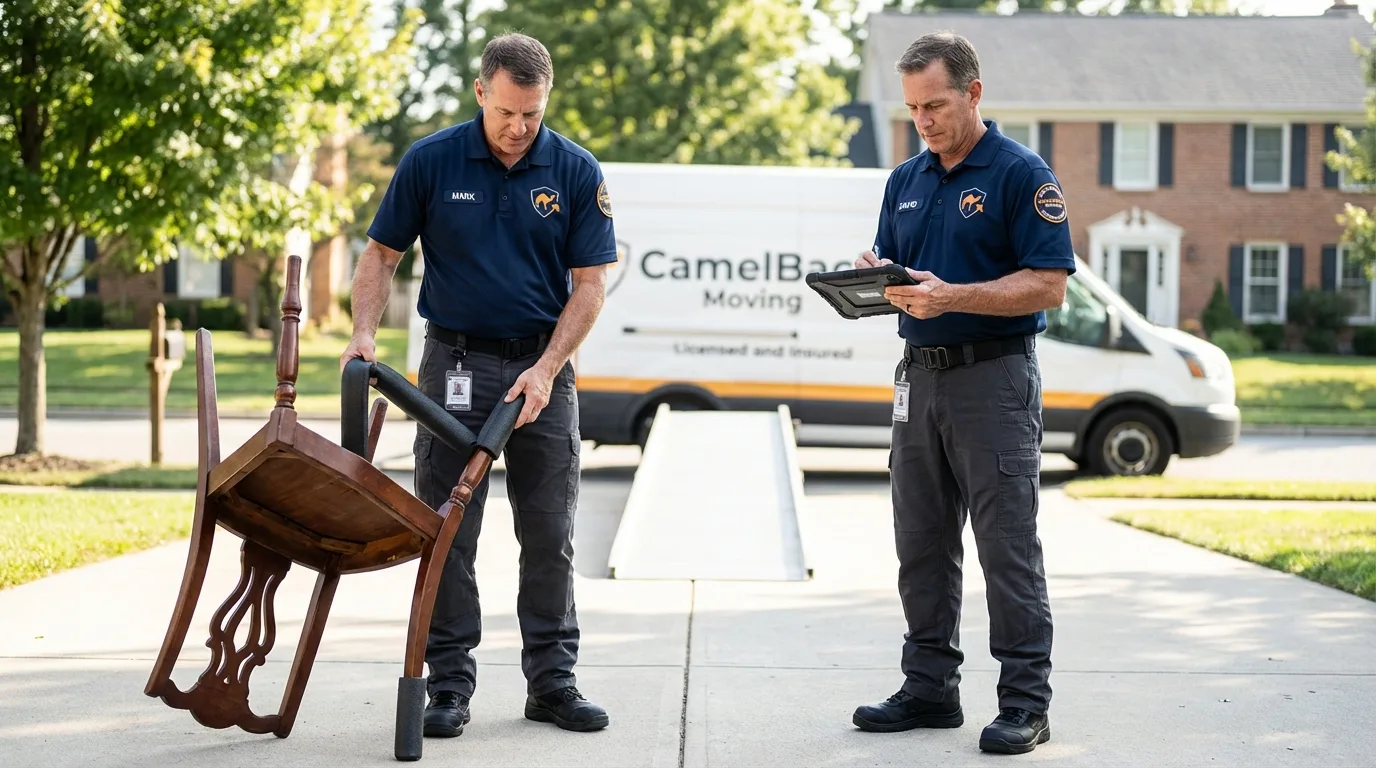Movers inspecting furniture for damage prevention before loading in Scott City, KS